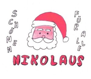 Gezeichneter Nikolauskopf mit Mütze umrahmt von den Worten "Schönen Nikolaus für alle"