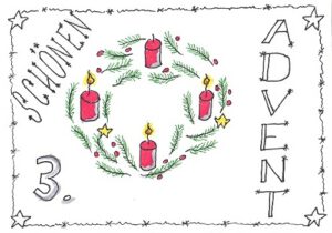 Sketchnote eines Adventskranzes mit drei leuchtenden Kerzen, umrahmt von den Worten "Schönen 3. Advent" in unterschiedlichen Schriftfonts, eingerahmt in einen mit kleinen Sternchen versehenen Schmuckrahmen 